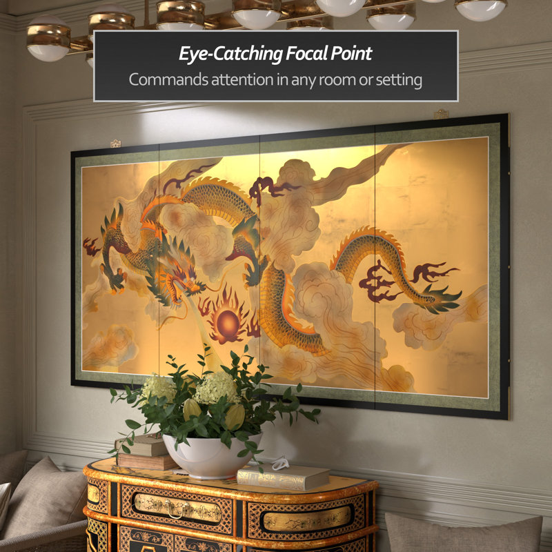 36" x 72" Gold Leaf Dragon In The Sky On 4 Panel Room Divider, Dragons