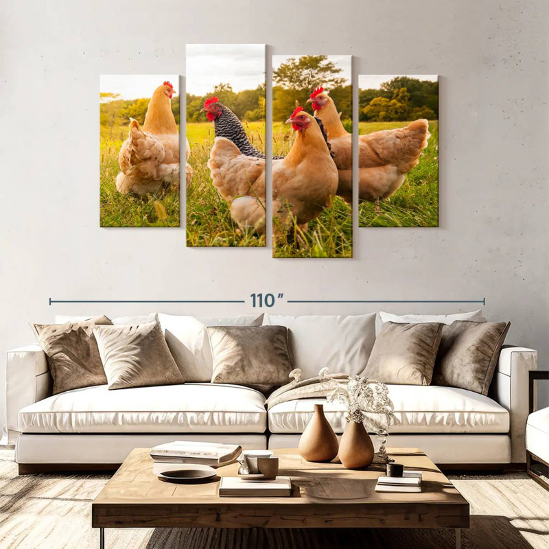 Poulets Brampt à la recherche de nourriture, H 54 po x l 84 po