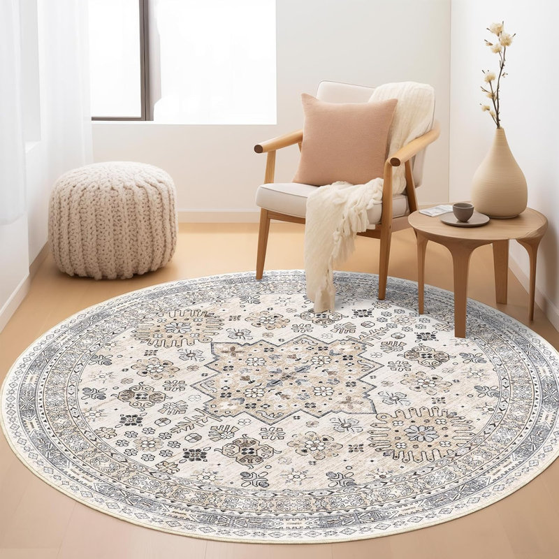 Medallion Non Slip Washable Rug(Beige), Round 4'
