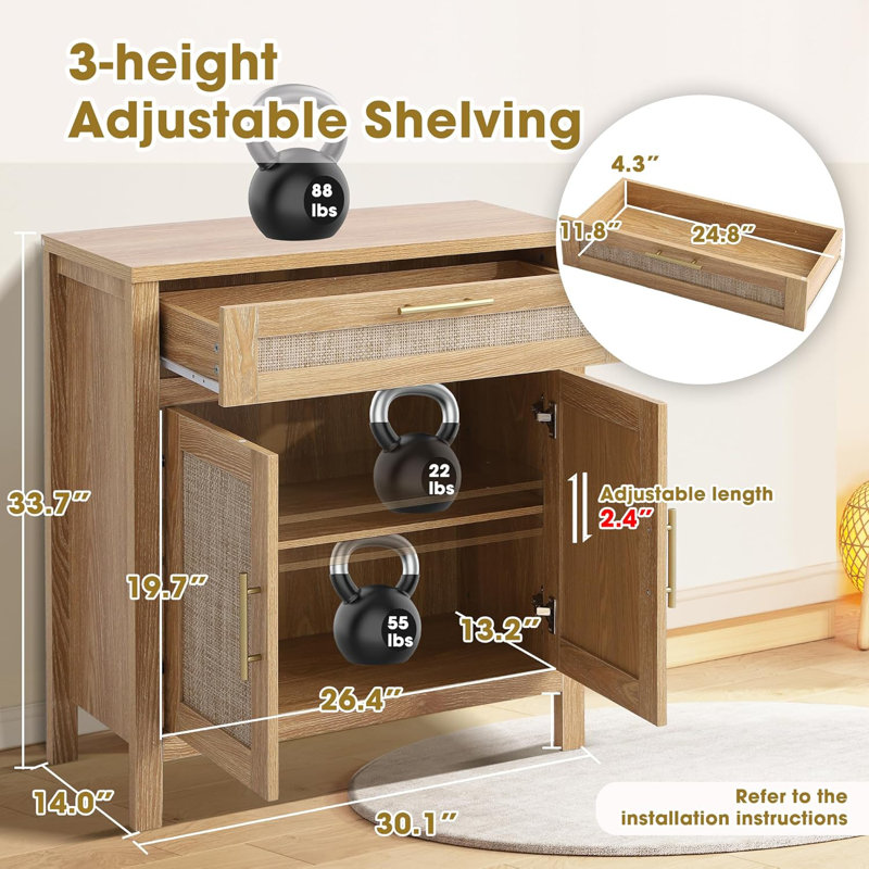 Light Brown Wood and Rattan Cabinet with Adjustable Shelf