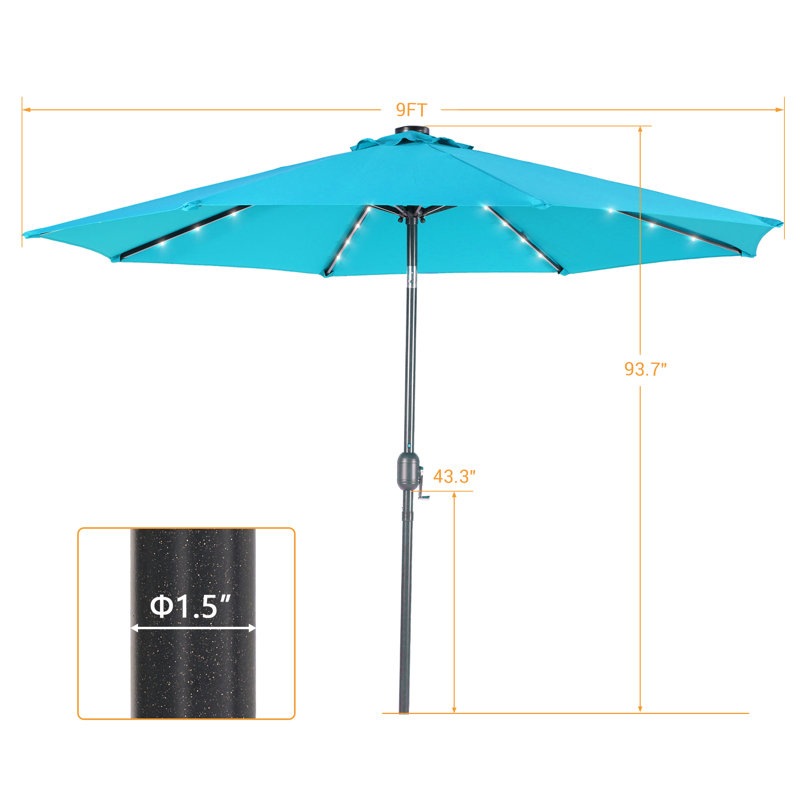 Parasol de marché avec lumières solaires, parasol de table pour la terrasse, H 7,81 pi x l 9 pi x P 9 pi, Bleu lac