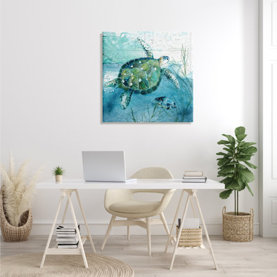 " Sea Tortoise And Fish Over Blue Nautical Ocean Map " by Carol Robinson Painting Print
