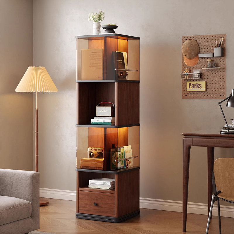 Bibliothèque rotative noyer en bois manufacturé et verre