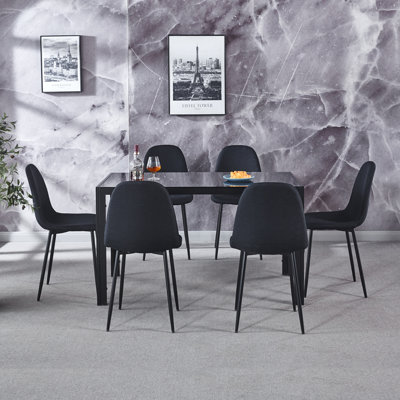 7-Piece Black Dining Table Set For 6, 51" Modern Kitchen Table And Chairs Set With Sleek Top & 6 Upholstered Fabric Chairs, Space-Saving Dining Room Furniture With Metal Frame, Black