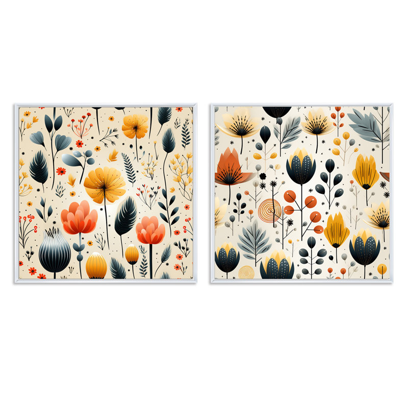 Ines - Ensemble de 2 collages carrés botaniques abstraits, Cadre flottant blanc, H 36 po x l 73 po