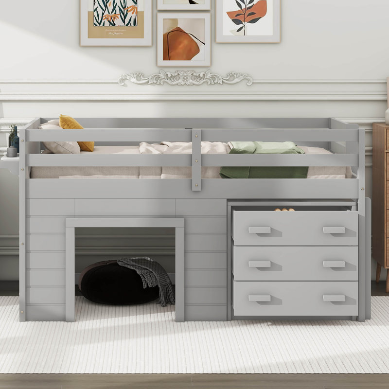 Lit mezzanine simple bas avec tiroirs de rangement, gris