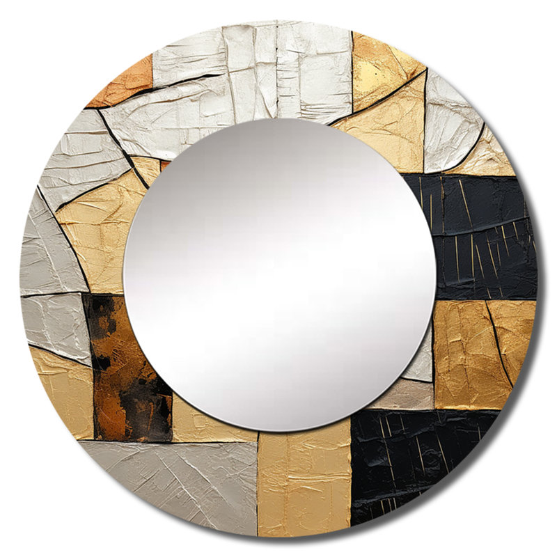 Or noir orné de poteries II - spirales abstraites, décor de miroir mural, grand miroir rond noir, impression d'art en métal