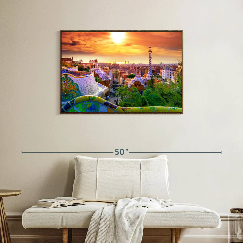 Barcelone depuis le parc Guell, 37 po x 25 po, Cadre flottant noyer
