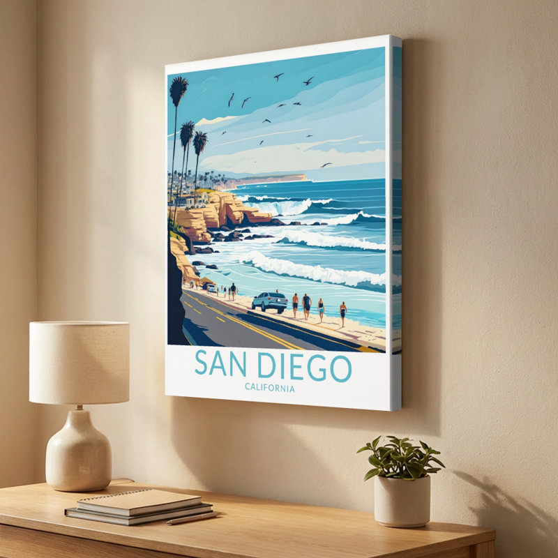 Affiche rétro, «Beach Scene with Palm Trees», impression sur toile
