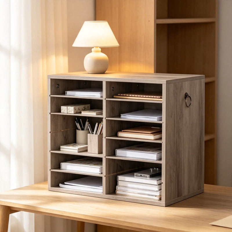 Organisateur de documents en bois avec tablettes réglables, boîte aux lettres de bureau à 12 compartiments pour le rangement de documents, la salle de classe et l'organisation à la maison