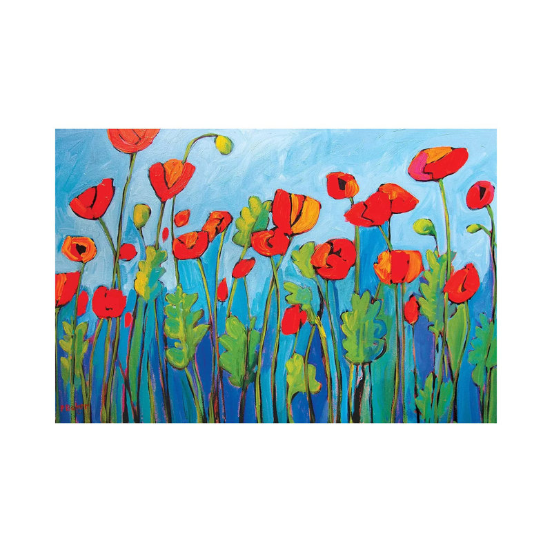 «Red Poppies on Blue II» par Patty Baker - peinture sur toile tendue, H 18 po x l 26 po x P 1,5 po