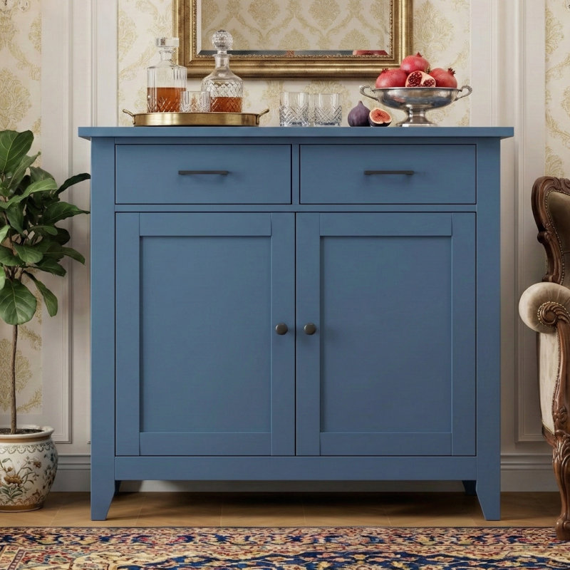 Kitchen Storage Cabinet, 2 Drawers + 2 Doors, Black/Brown, 48"W, Blue