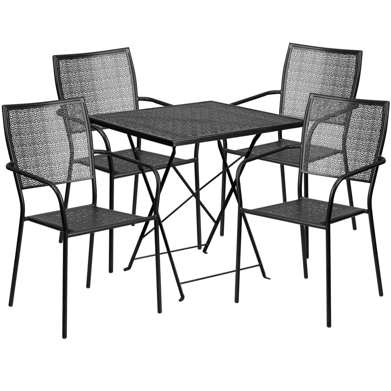 Black Steel Square Indoor-Outdoor Folding Patio Table Set with 4 Stacking Arm Chairs