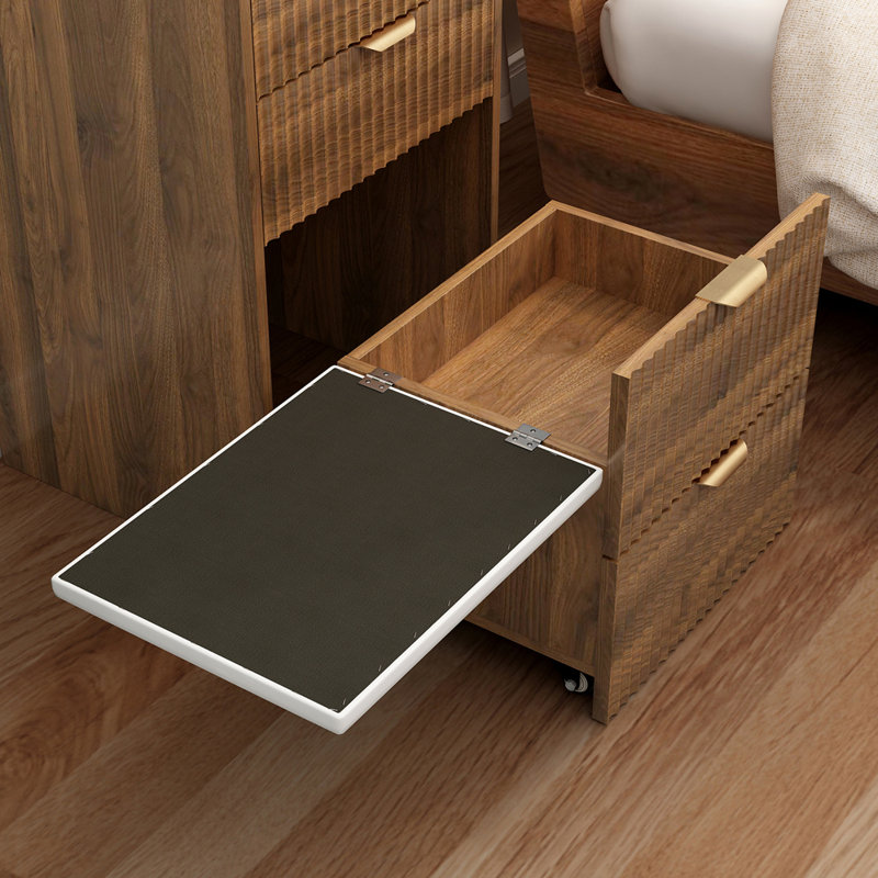 Coiffeuse moderne 3 en 1 avec 3 tiroirs, tabouret à roulettes, miroir rabattable et éclairage.