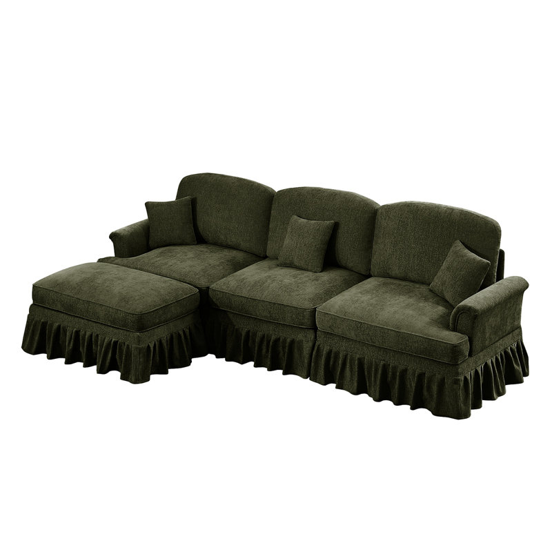  Modern 3 Seater Modular L Shaped Sectional Couch With Removable Ruffles Pleats Skirts Comfy Chenille 3-Seat Sofa With Movable Ottoman