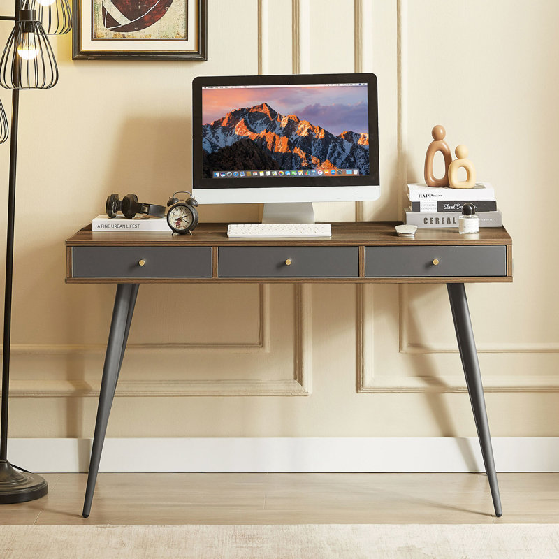 Bureau Mid-Century avec ports USB et prise de courant, bureau d'écriture moderne avec tiroirs, bureau d'ordinateur multifonctionnel