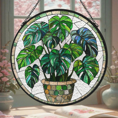 Pot en mosaïque Monstera, panneaux de vitrail, attrape-soleil pour la décoration de fenêtre