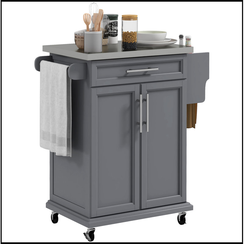 Rolling Kitchen Island with Stainless Steel Top, Drawer, Towel and Spice Racks for Enhanced Utility and Storage, Gray