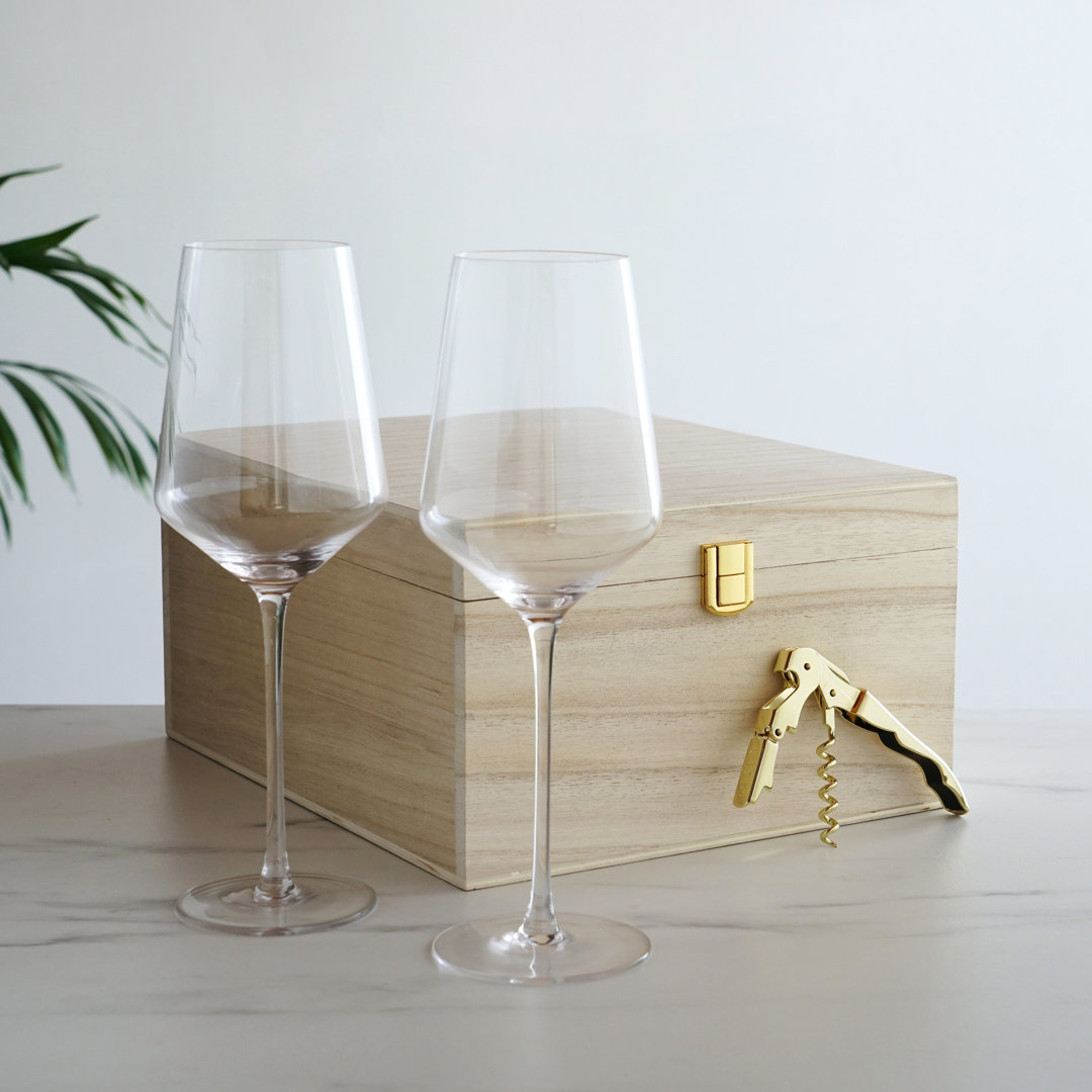 Crystal Bordeaux Glasses & Gold Corkscrew Gift Box Set Viski
