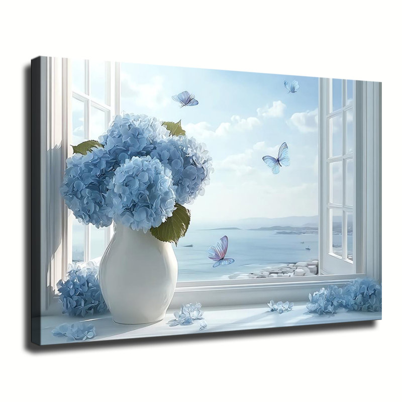 Wooden Framed Canvas Painting Artistic printing Blue Hydrangeas With Sea View Unique and creative wall decor, 20 x 30 po