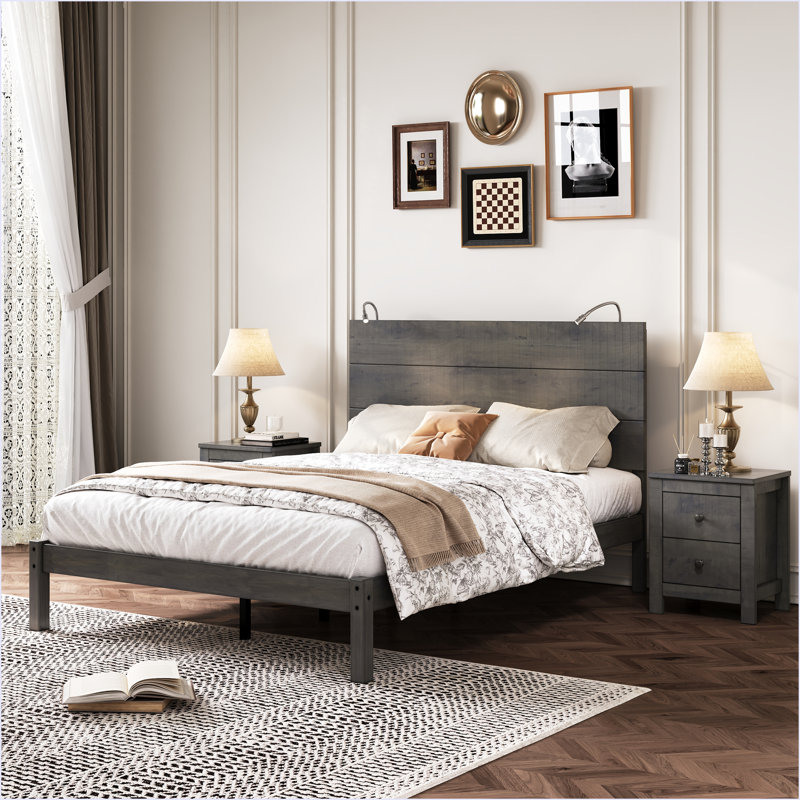 Ensemble de chambre à coucher 3 pièces, lit plateforme double avec table de chevet 2 tiroirs
