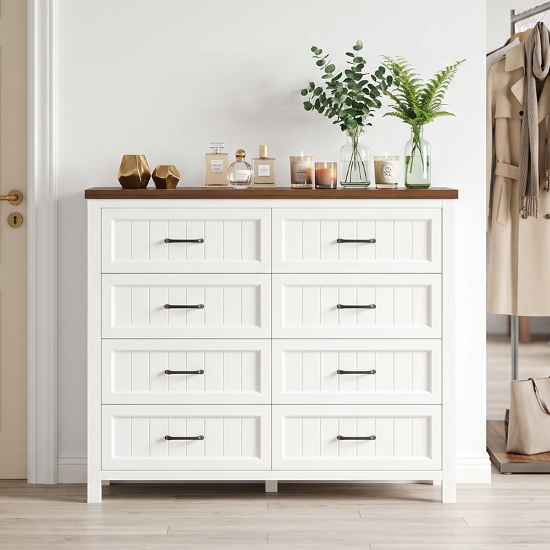 Commode 8 tiroirs à grain de bois avec dessus imperméable - Commode robuste pour chambre à coucher / salon