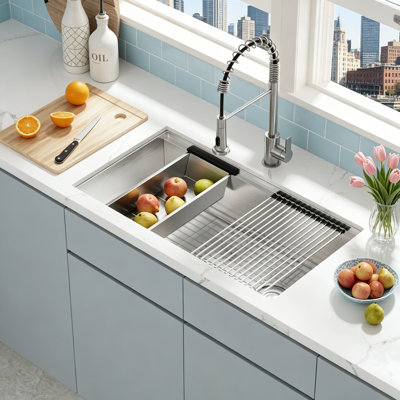 Undermount Kitchen Sink, Stainless Steel Workstation 16 Gauge Single Bowl Deep Under Counter Basin