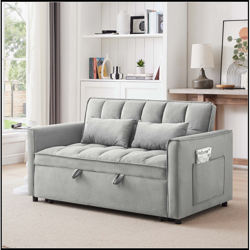 55.1-Inch 3-In-1 Convertible Sofa Bed, Modern Velvet Double Sofa Futon Sofa Bed With Adjustable Back, Storage Bag And Pillow, For Living Room, Bedroom (Light Gray)