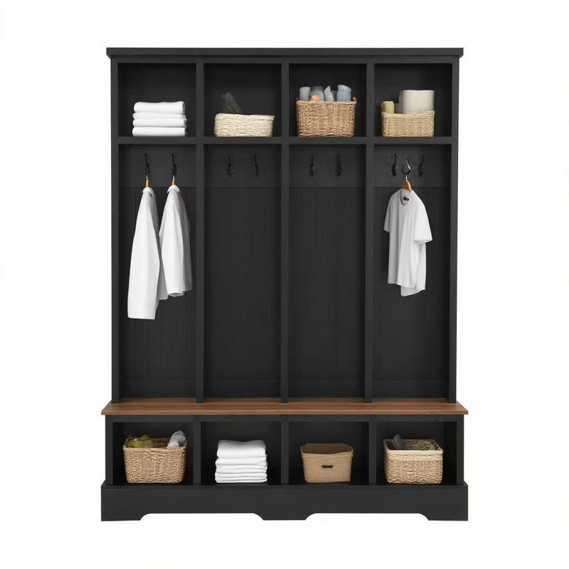 59"w Wide Hall Tree With 8 Hooks, Practical Entryway Bench With Open Compartments, 76.7"h Modern 3-in-1 Wooden Style Coat And Shoe Rack For Mudroom, Living Room, Black