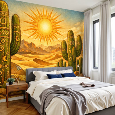 Papier peint adhésif à motif de cactus Sunburst à motif géométrique désertique H 100 po x l 144 po, papier peint amovible en PVC autocollant pour chambre à coucher, bureau à domicile