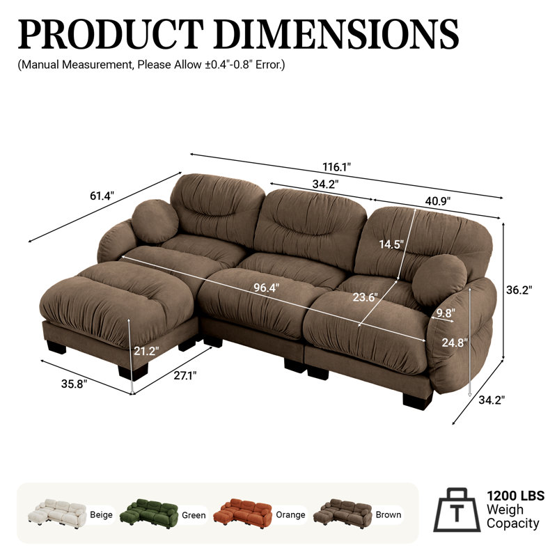 116" Chenille L-Shaped Couch Modular Sectional Sofa with Ottoman, Brown