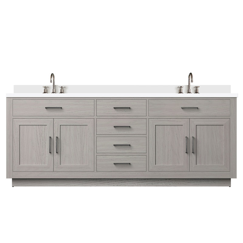 84 po Meuble-lavabo double large en chêne blanc, comptoir en quartz, robinet, mécanisme de fermeture en douceur, meuble-lavabo en bois massif et avec largeur de 22 po, finition, fermeture, maquillage