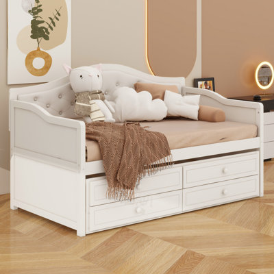 Modern Wooden Daybed with Trundle, Storage Drawers & Upholstered Button Tufted Backrest