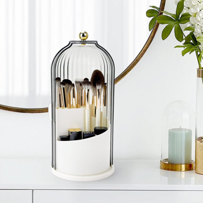 Toothbrush Holders With Sliding Lid, Rotating 3 Slots Bathroom Organizer Countertop,White+Transparent Black