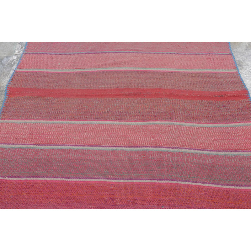 Vintage Frazada Square Kilim In Pink Striped Geometric Pattern - Rug & Kilim