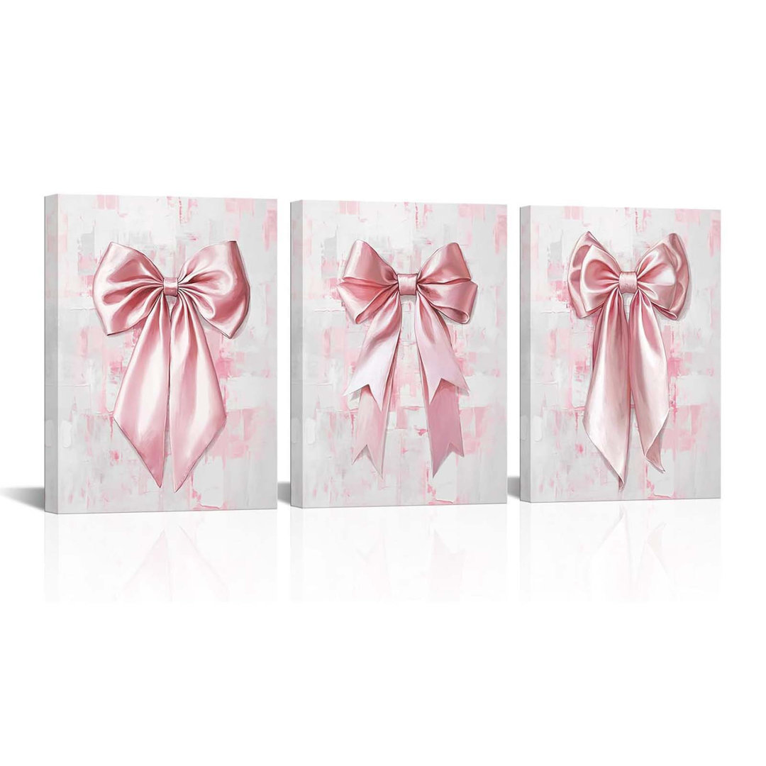 Bow Pictures Girls Bathroom Bedroom Wall Decor, Bow Wall Art Framed 12X16inchx3 Pieces