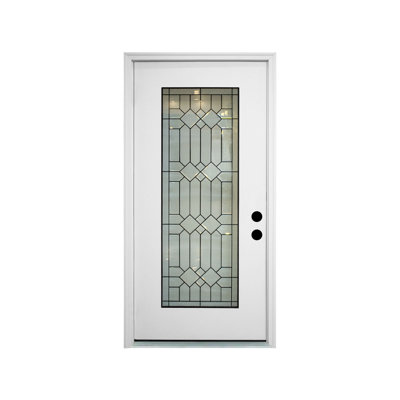 Porte extérieure en fibre de verre avec moulure de brique et de vinyle, porte d'entrée rabattable, verre décoratif pleine vue, finition grain de bois blanc (un ensemble: dalle de porte 1; un autre ensemble: cadre de porte 1)