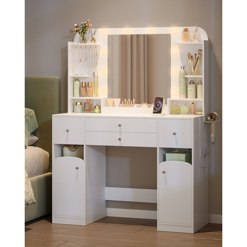 Dressing Table with Mirror, Vanity Table with Adjustable Brightness, Power Strip, 4 Drawers and 2 Open Cabinets, 5 Jewelry Hooks, Open Compartments