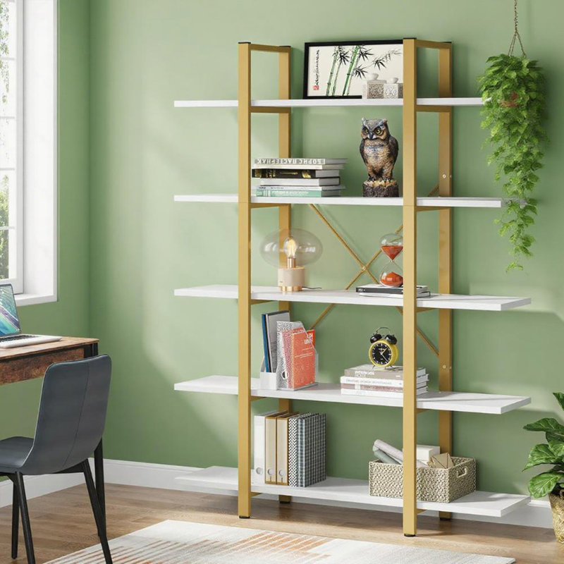 5-Tier Shelf Bookcase Metal Frame, Gold/White
