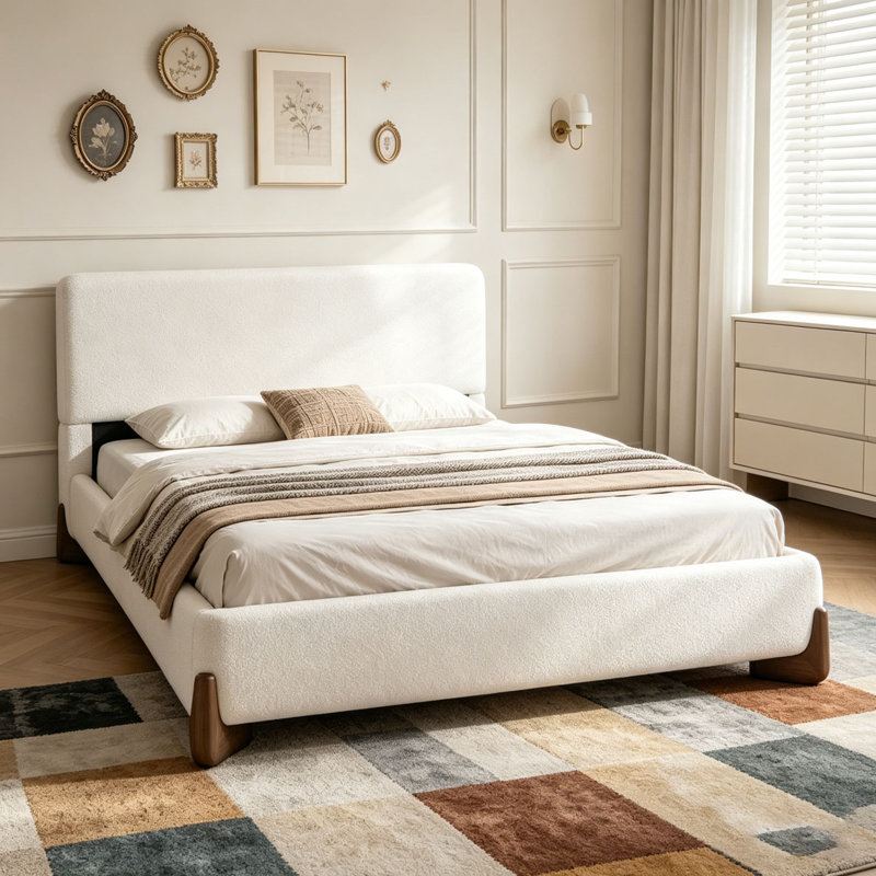 Lit tapissier, Tissu blanc + pieds brun foncé, Grand lit