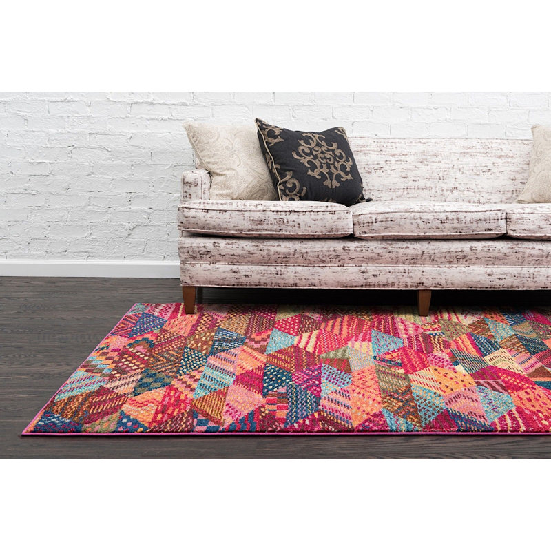 Tapis à motif géométrique rouge / bleu / jaune Sierra, Rectangle 7 pi x 10 pi