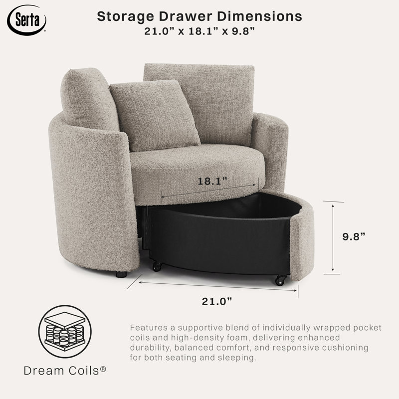 Fauteuil de rangement Bennet en chenille de 122 cm de large avec rangement dissimulé sous l'assise, Taupe