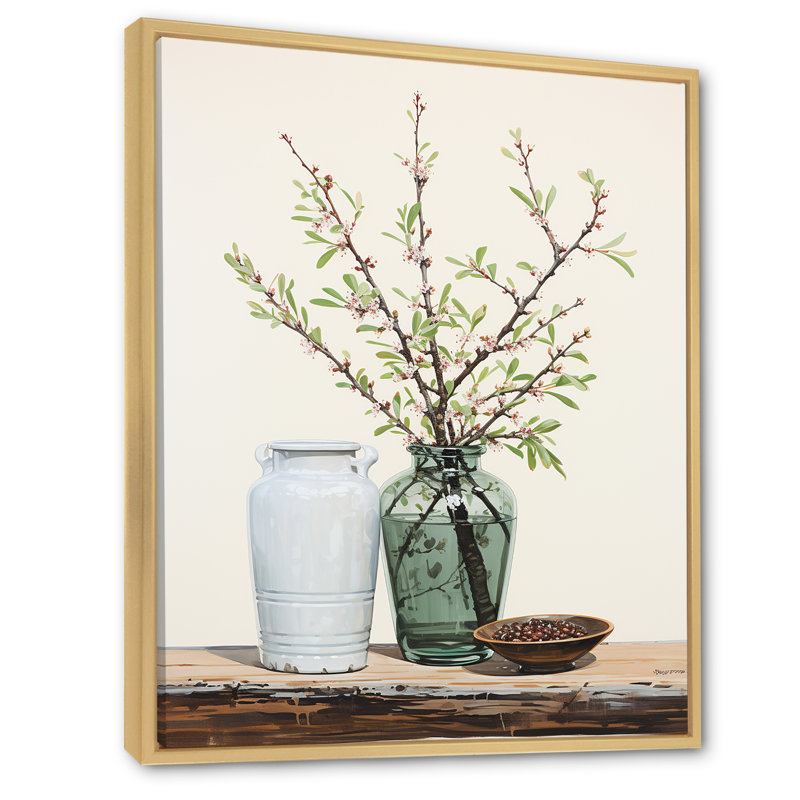 Fleur de poterie rétro - art mural fleurs, Cadre flottant brun, H 44 po x l 34 po
