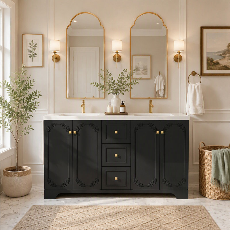 Armoire de salle de bain sculptée de style français avec rangement abondant, 4 portes à fermeture douce et 3 tiroirs, Black