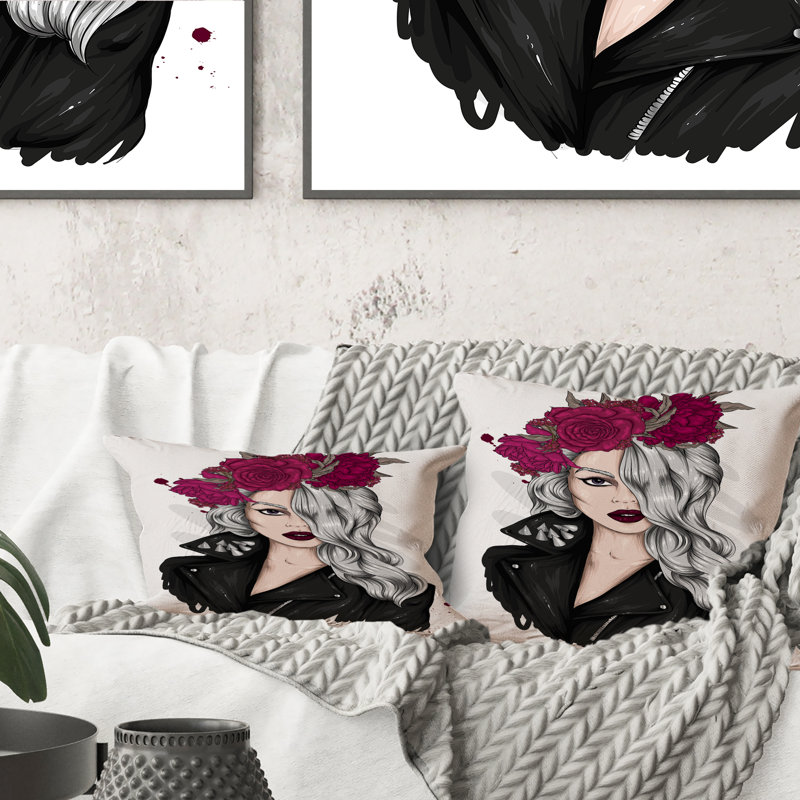 Portrait d'une jeune femme avec une couronne de fleurs rouges - Coussin décoratif imprimé moderne