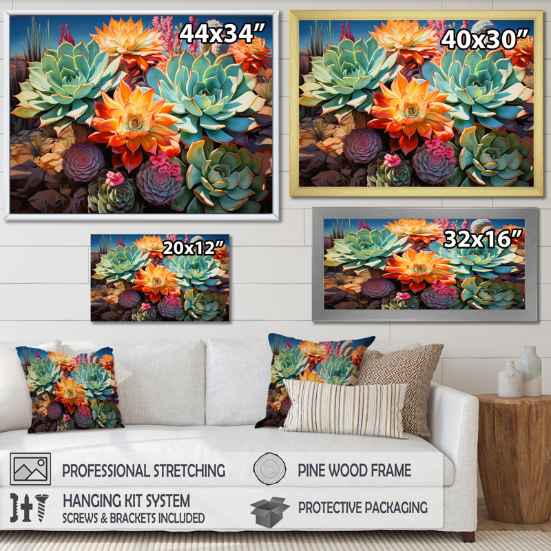 Succulentes vertes, orange, fleurs du désert II, Cadre doré simple, H 16 po x l 32 po x P 1 po