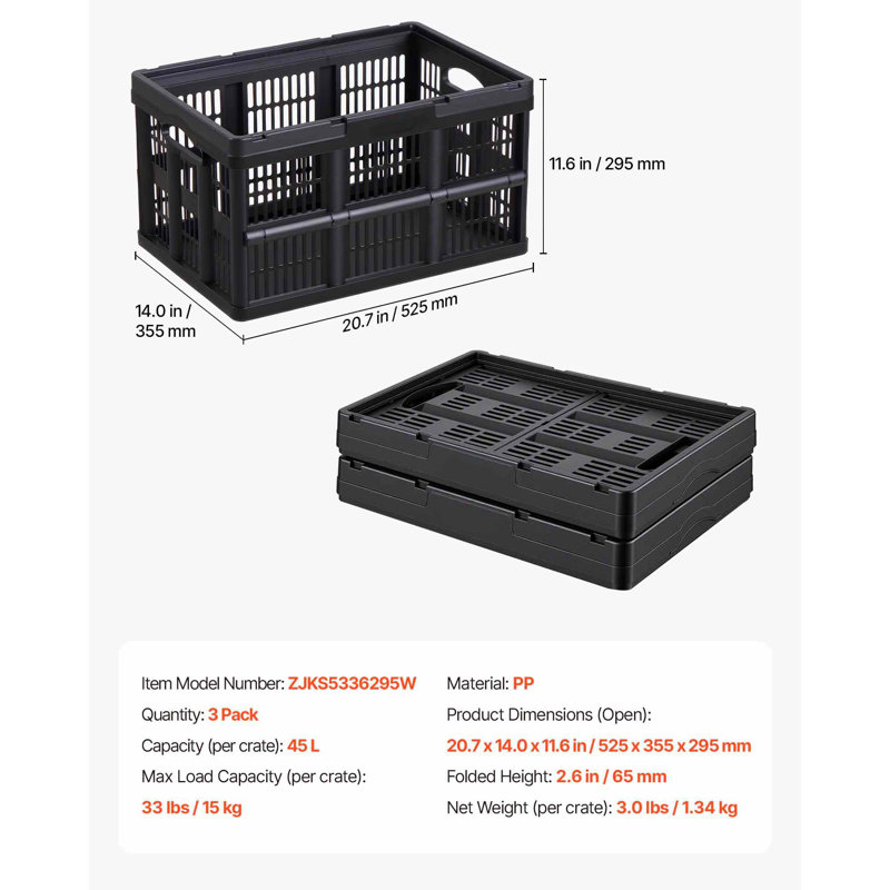 Bacs de rangement pliables en plastique, ensemble de 3 de 45 L, supporte 15 kg par bac, caisses de rangement empilables et pliables avec poignées, contenants robustes et pliables, paniers gain de place, conçus pour l'organisation de la maison
