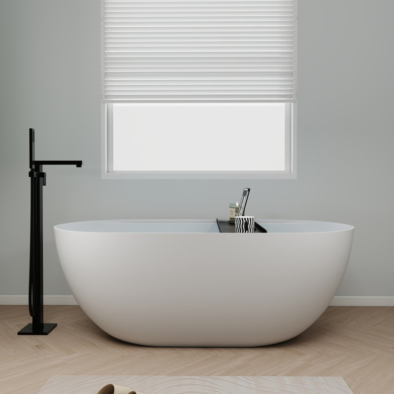 Baignoire de trempage autoportante de 59 po en blanc, Tablette noire