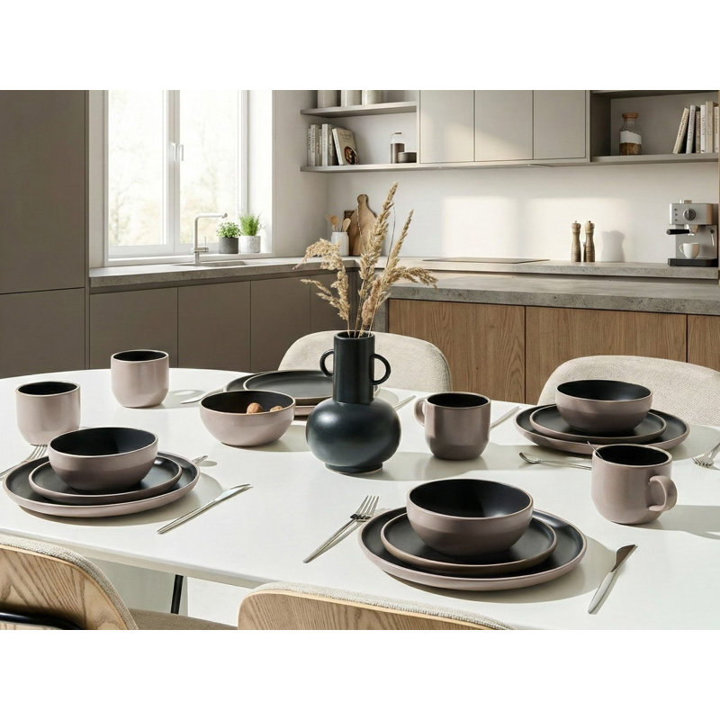Stoneware Dinnerware - Service for 4, Beige/Black