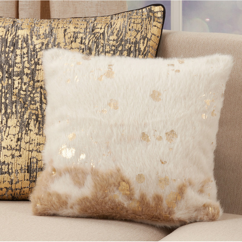 Ivory and Gold Faux Cow Hide Square Throw Pillow